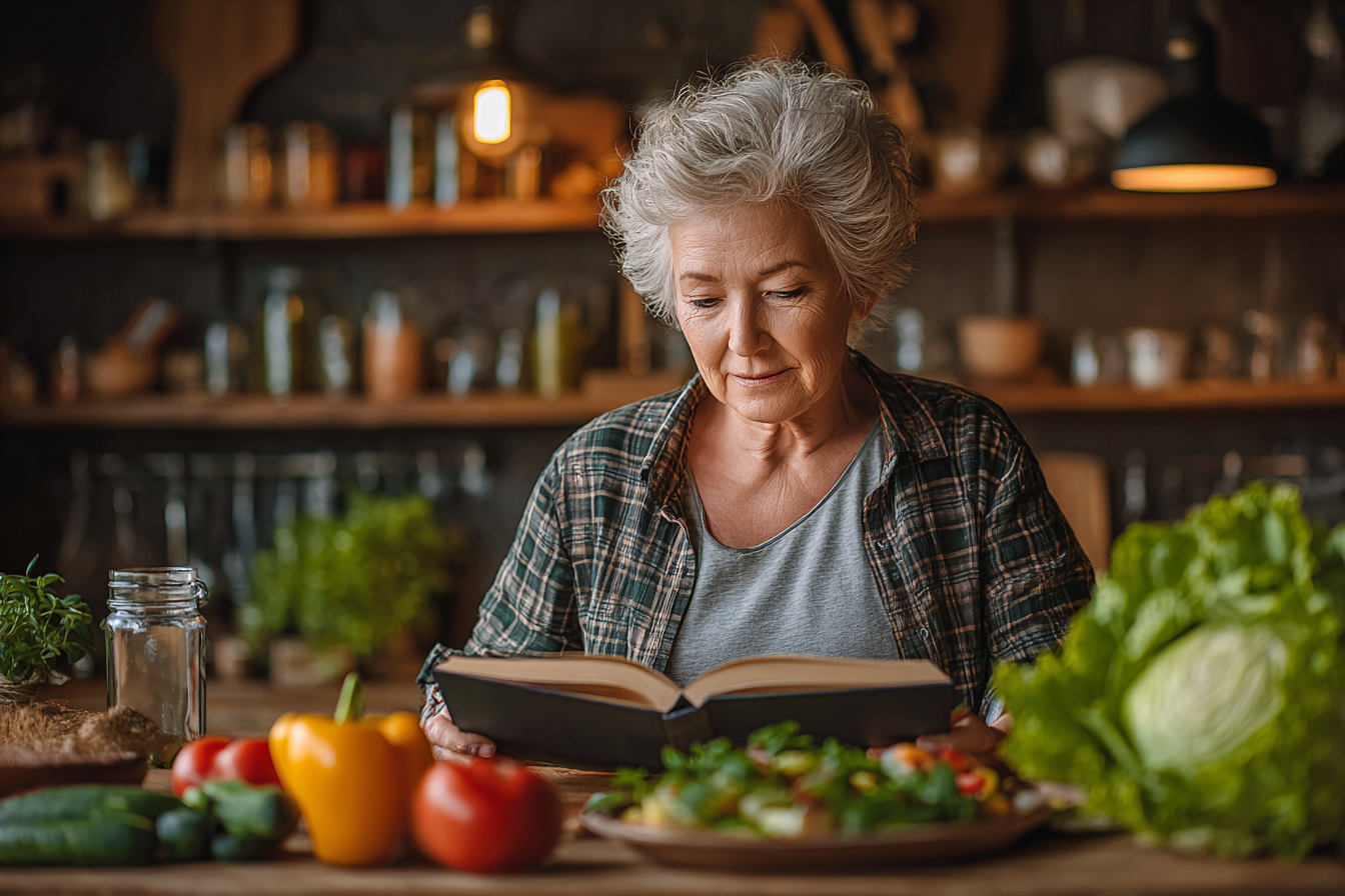 Persoană matură preparând o masă sănătoasă în bucătărie